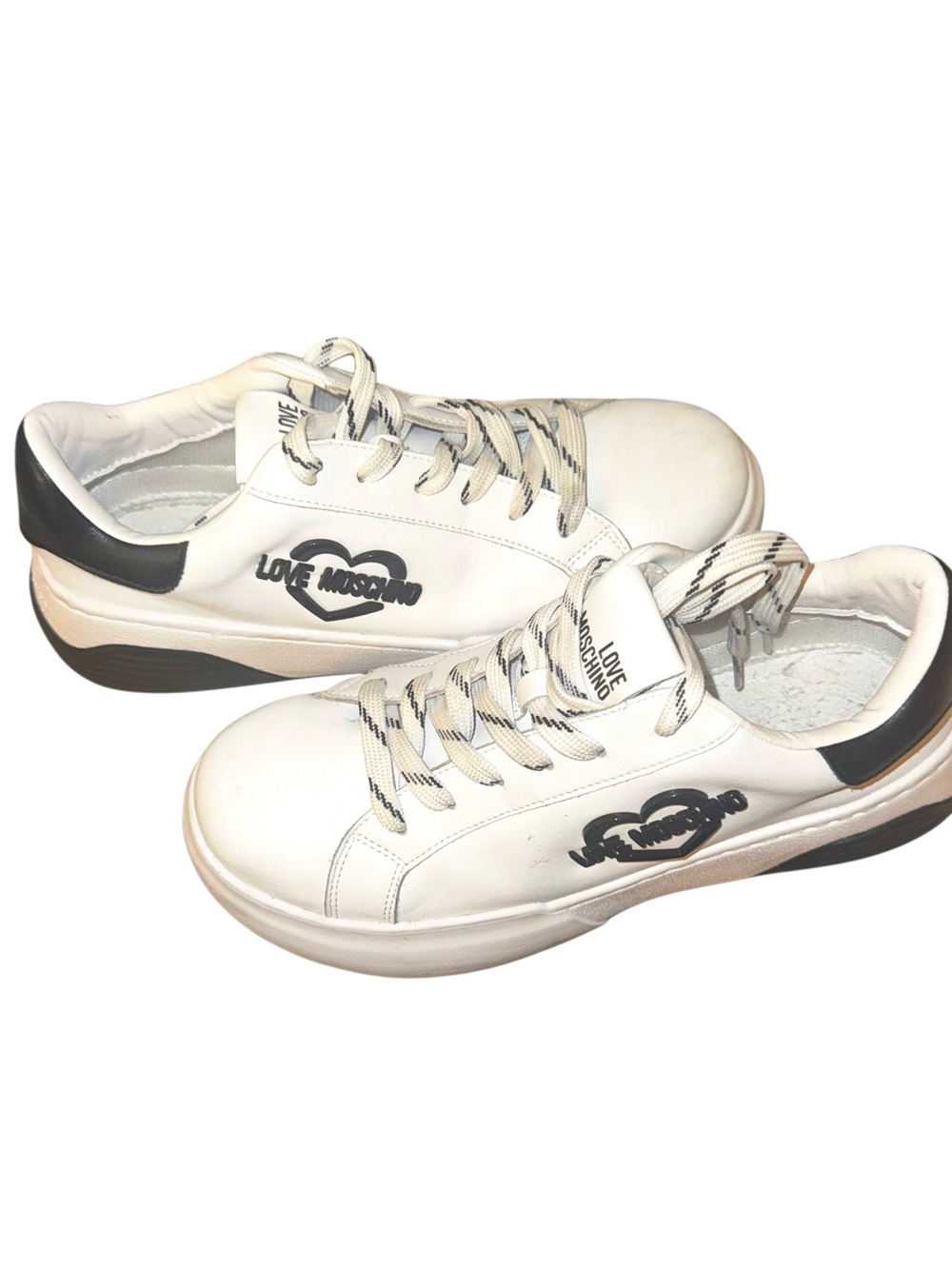 LOVE MOSCHINO - Logo Plaque Leather Platform Sneakers - White & Black - Picture 3 of 12